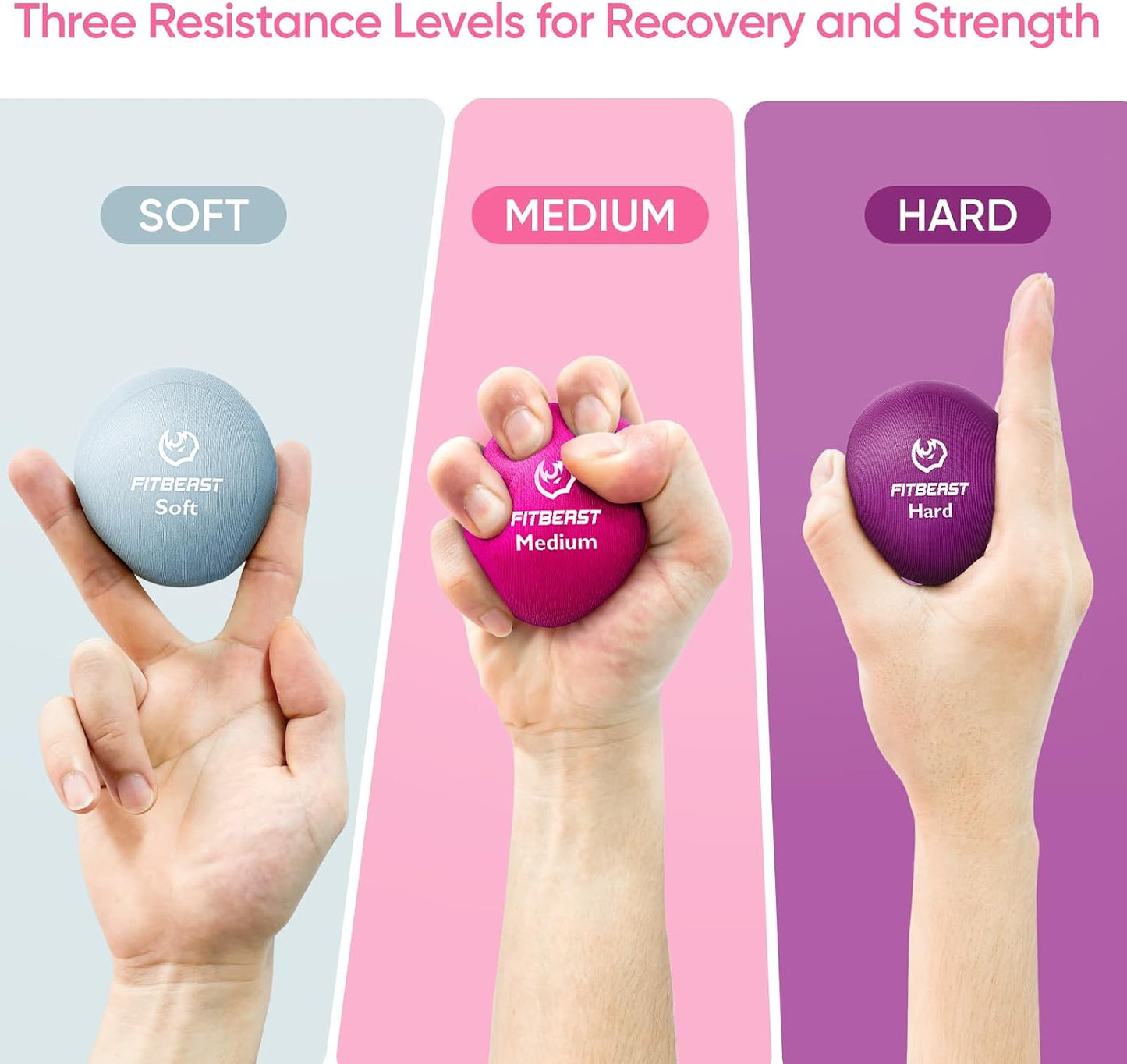 FitBeast Grip Strength Trainer, Finger Exerciser, Stress Balls for Adults 6-Piece Set, Hand Therapy for Strength, Recovery & Stress Relief, Forearm Strengthener for Men, Women & Seniors