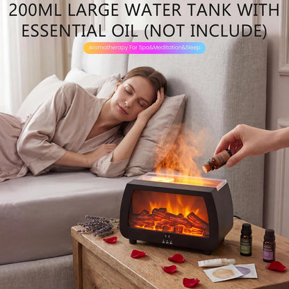 Simulated Fireplace Aroma Diffuser, 200mL Humidifier with Sound Pickup RGB Flame Lights, Timer & Remote Control, 7.5W Quiet Essential Oil Diffuser for Home, Bedroom, Office