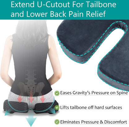 Tailbone Pain Relief Office Chair Cushion 10-Inch Extended U-Cutout,Large-18"x16"x3",Coccyx,Sciatica Pain Relief Memory Foam Wheelchair Car Seat Cushion,But Pillow Pad for Pressure Relief, Blue Grey