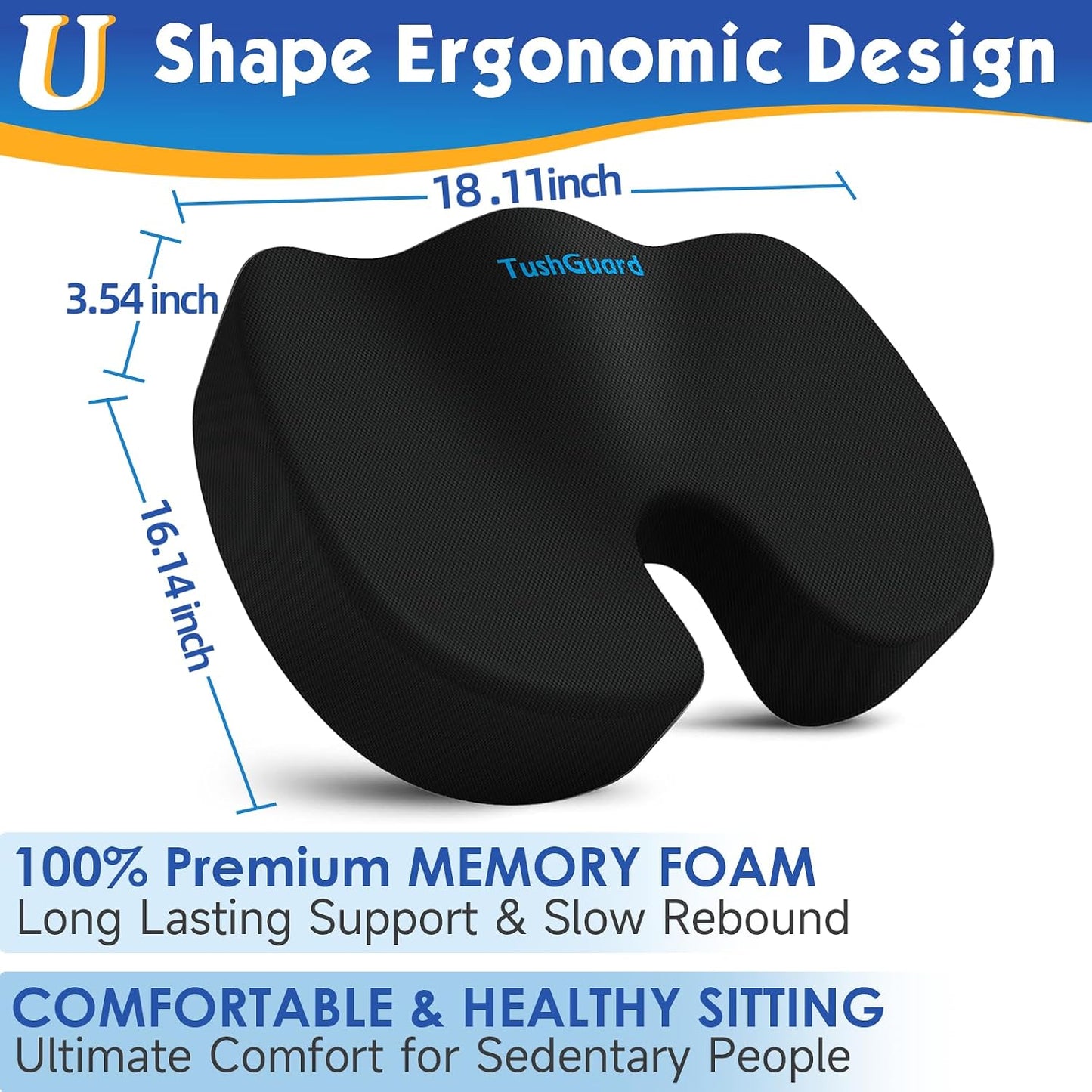 TushGuard Seat Cushion for Office Chair Memory Foam Non-Slip Desk Seat Cushion Back, Coccyx, Sciatica, Tailbone Pain Relief Butt Pillow for Office Chair, Car, Wheelchair, Black