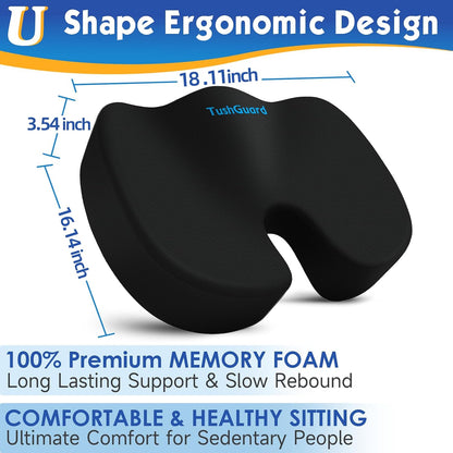 TushGuard Seat Cushion for Office Chair Memory Foam Non-Slip Desk Seat Cushion Back, Coccyx, Sciatica, Tailbone Pain Relief Butt Pillow for Office Chair, Car, Wheelchair, Black