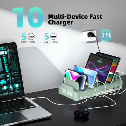 Zobirez 420W 10-Port Fast USB Charging Station for Multiple Devices, Black
