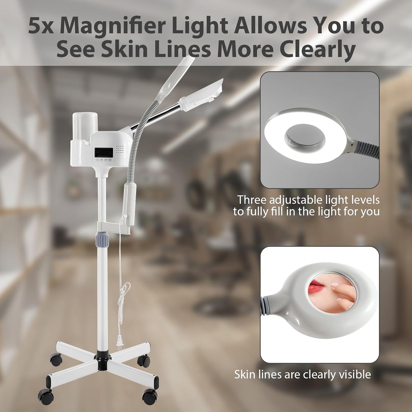 Professional Facial Steamer 3 in 1 Steamer for Face with Hot & Cold Nozzle 5X LED Magnifying Lamp Facial Steamer for Esthetician Beauty Face Equipment Use at Home or Salon