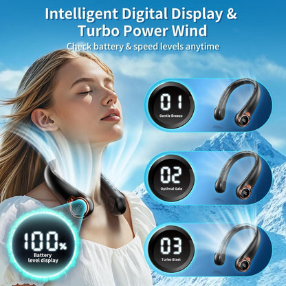 Portable Neck Fan with 6000mAh USB - Rechargeable Battery, Ultra-Light Bladeless Neck Fan LED Display, 360° Cooling Wearable Fan, 3 Speeds (Black)