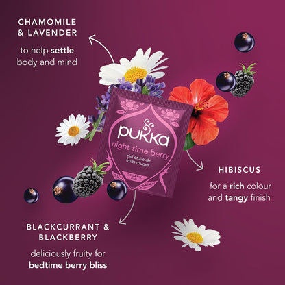 Pukka Organic Night Time Berry Herbal Tea with Chamomile, Echinacea, and Elderberry, Caffeine Free, 20 Total Tea Bags