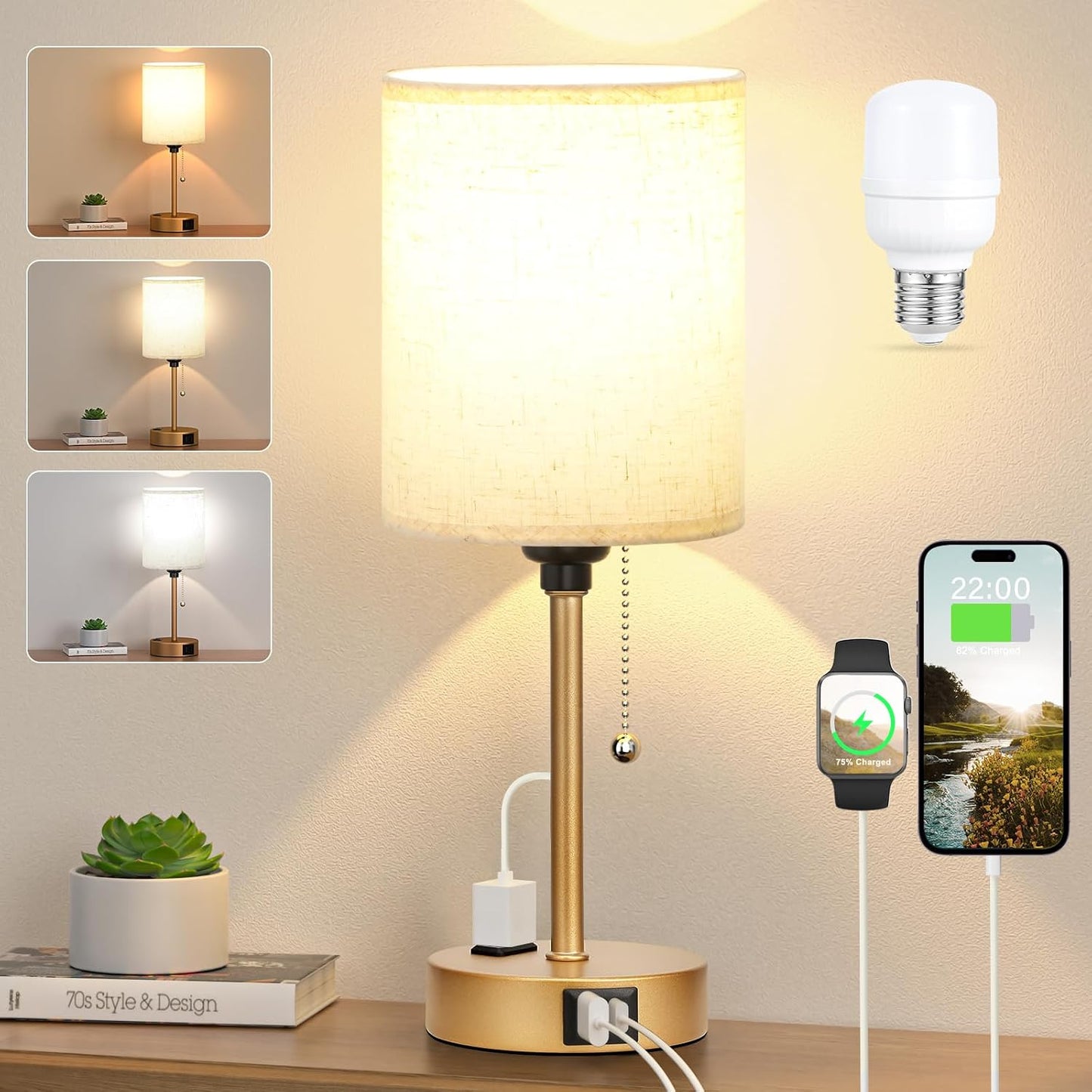 Small Bedside Table lamp for Bedroom - 3 Color Temperatures Bedside Lamps with USB C and A Ports, Pull Chain Table Lamps with AC Outlet, White Nightstand Lamps with Black Metal Base for Kids Reading