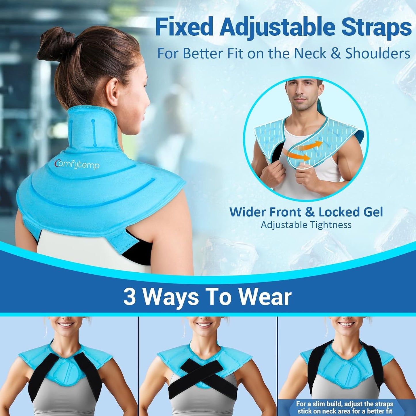 Comfytemp Large Ice Pack for Neck Shoulders Upper Back Pain Relief with Straps, Reusable Gel Ice Wrap Hot Cold Compress Therapy Recovery for Upper Back, Cervical Injuries, Rotator Cuff (Large, Blue)