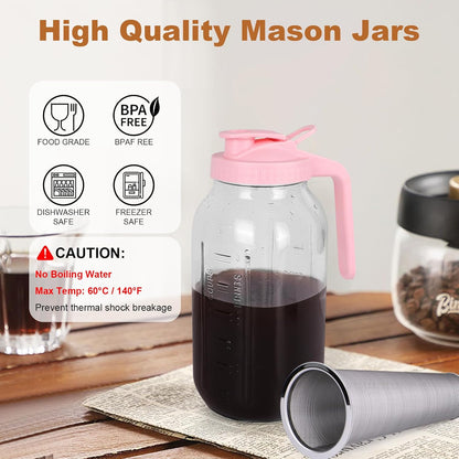 Cold Brew Coffee Maker,64 oz Mason Jar Pitcher with Stainless Steel Filter, Pour Spout Handle Lid, Heavy Duty Glass Airtight & Leak-Proof for Iced Coffee,Tea & Lemonade