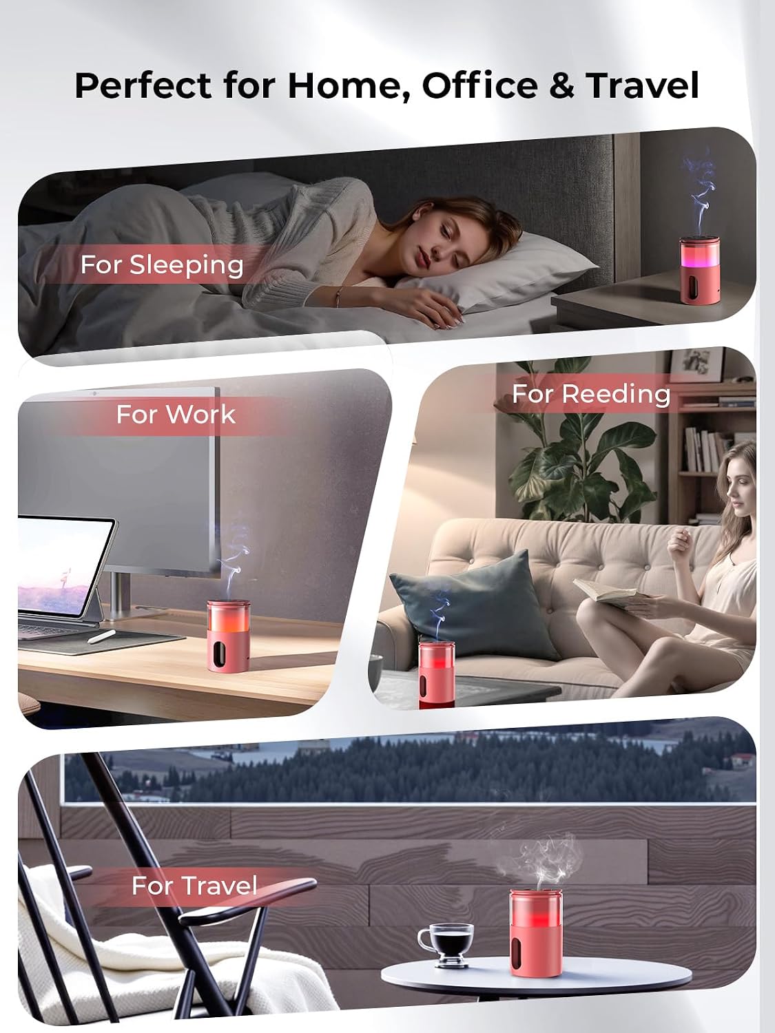 Waterless Essential Oil Diffuser: 𝟗 𝐂𝐨𝐥𝐨𝐫𝐬 𝐋𝐄𝐃 Scent Diffuser for Home&Car&Office - Portable Diffuser with 48H Battery, 4 Timers & 3 Mist Levels, Carbon Black
