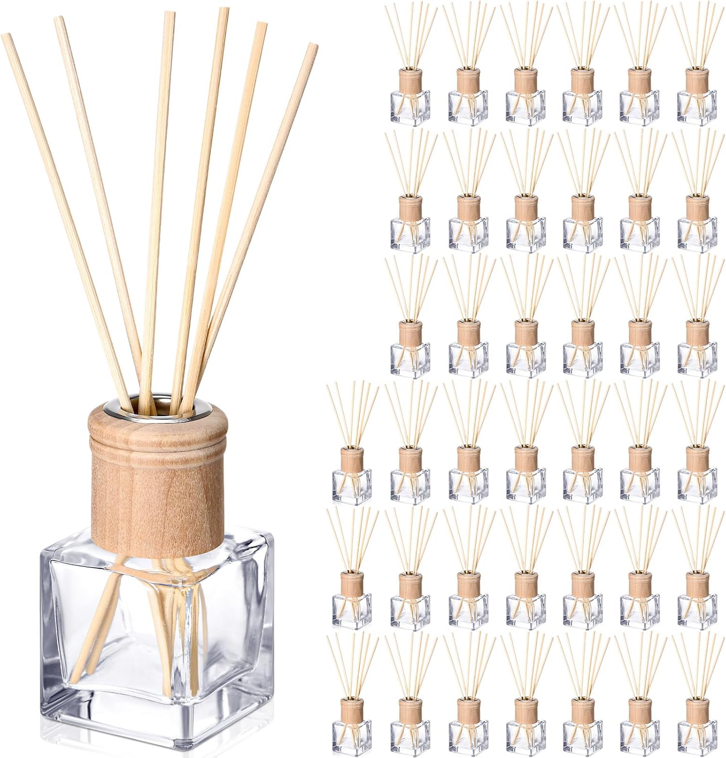 Roshtia 4 Set Reed Diffuser Bottle Empty Refillable Fragrance Glass Diffuser Bottles with Wooden Caps Rattan Sticks 50ml 1.7 oz Glass Jars for DIY Fragrance