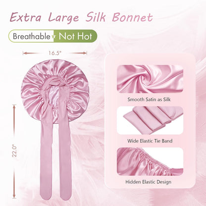 BONNET QUEEN Silk Bonnet for Sleeping for Women Satin Bonnet Night Cap for Curly Hair with Tie Band, Single Layer, Cream Pink