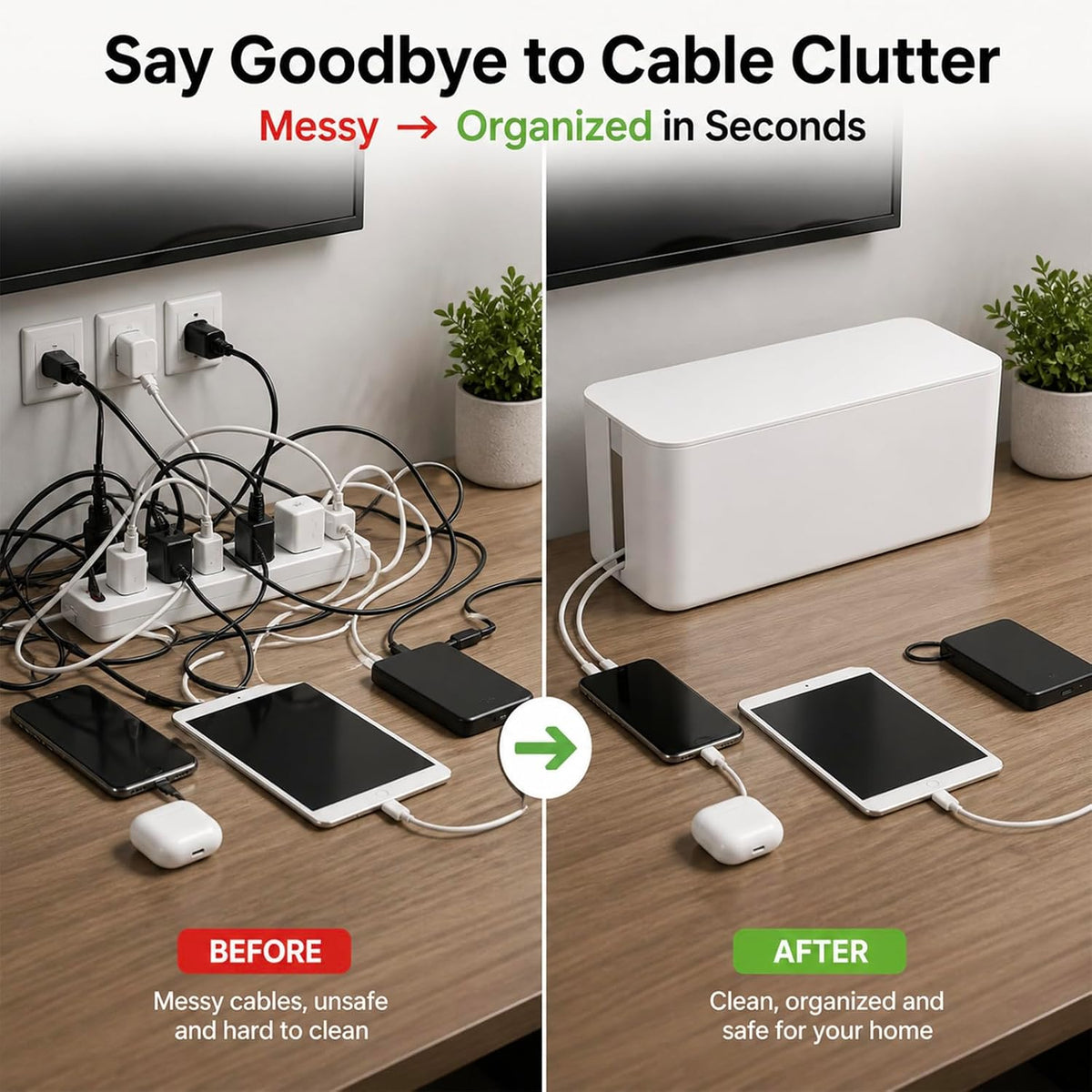 [Set of 3] 3 Cable Management Boxes + 3 Wire Ties, Large Cord Box Organizers to Hold and Hide Power Strip Charger Adapter Power Cord Charging Station USB HUB (Black)