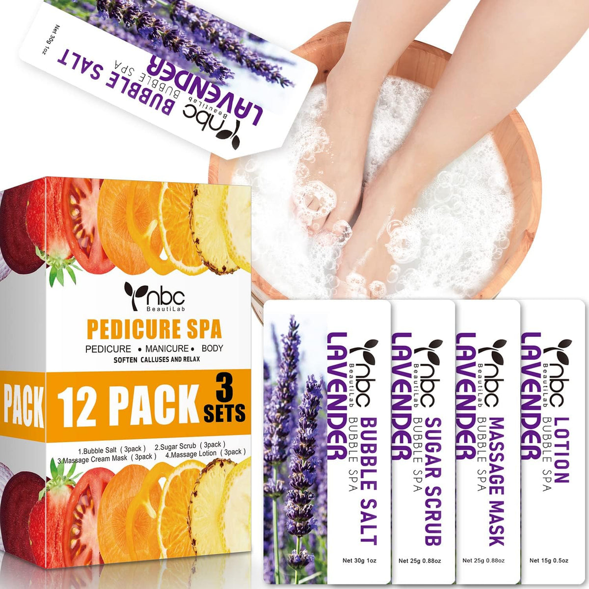 Pedicure Kit Foot Soak Set: Bubble Salt, Sugar Scrub, Massage Mask, Massage Lotion in a Box, 4 Step Foot Spa Kit for Dry Feet, Softens Calluses, Tired Feet（ Lavender) - Colors B