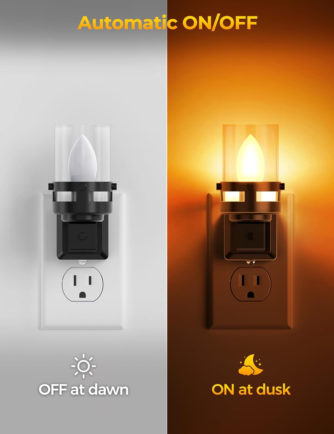 Briignite Flameless Candle Night Light, 2 Pack, Night Lights Plug into Wall, Candle Nightlight with Light Sensor, 0-100LM Dimmable LED Night Light Plug in, 1800K Amber Nightlight for Hallway Bathroom