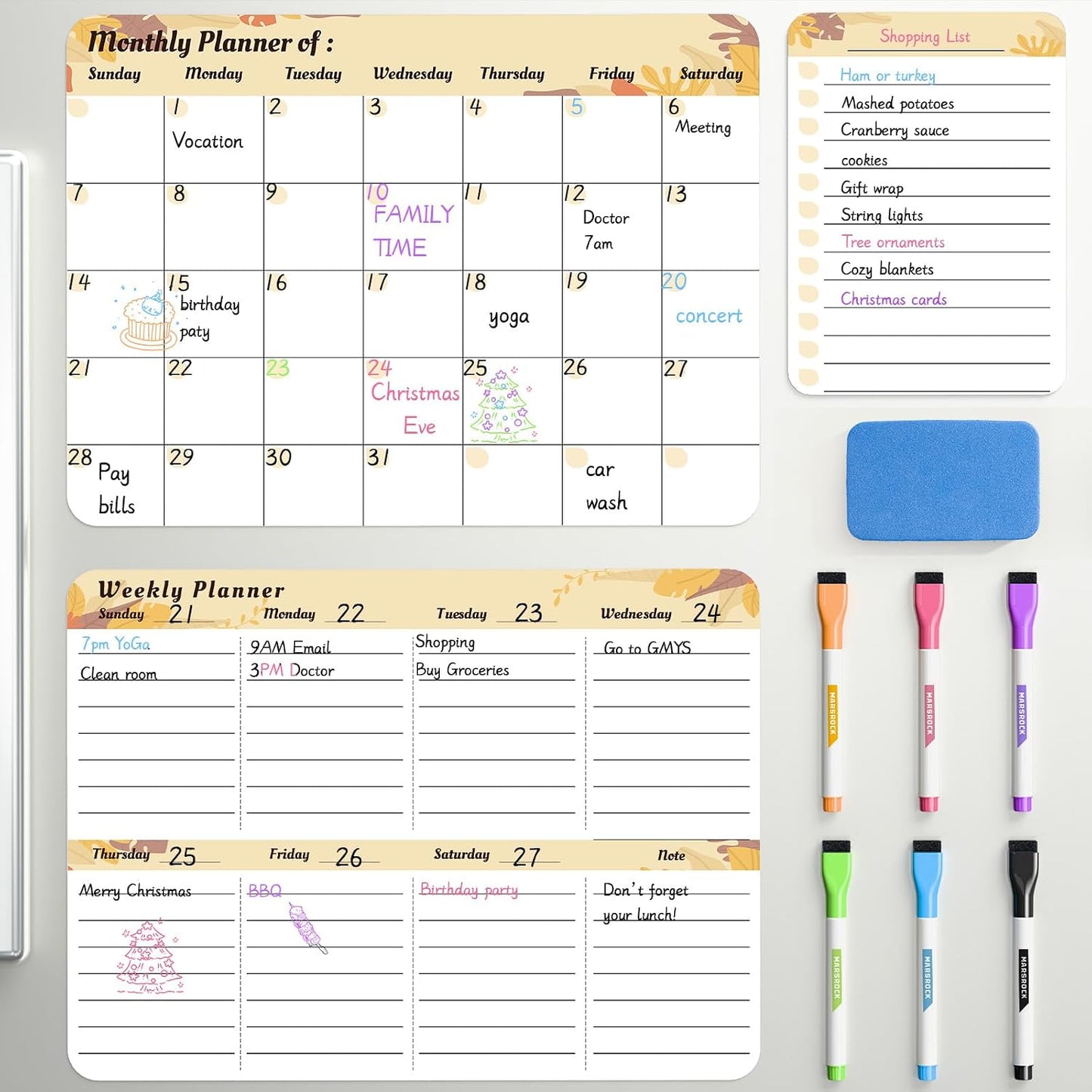 Marsrock Dry Erase White Board with Stand,Double-Sided Weekly Whiteboard 16"x12",10 Markers,6 Magnets,1 Eraser,Portable Desktop Whiteboard for Planning,Weekly Schedule Board for Office