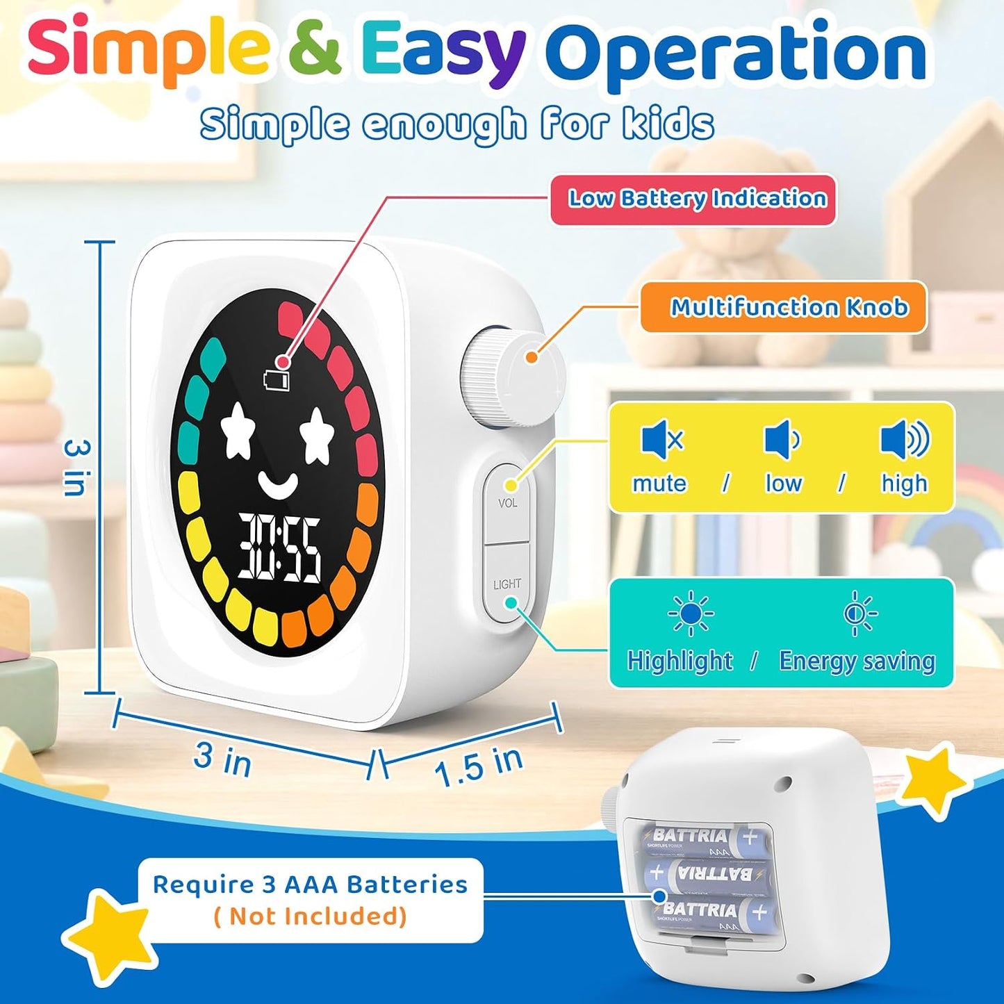 Visual Timer for Kids, 99 Minute Digital Cute Kids Visual Timer Classroom Timer for Homeschool Supplies Study Teaching Time Management Tool Countdown Productivity Timer, White, Colorful Display