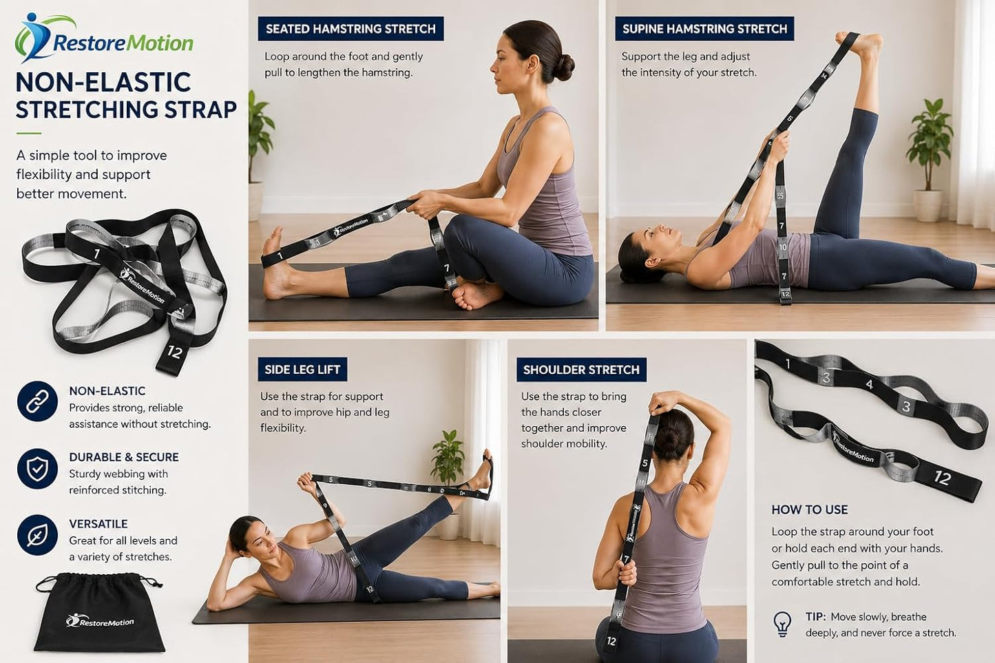 12 Loop Stretching Strap for Physical Therapy, Yoga, Flexibility & Rehabilitation