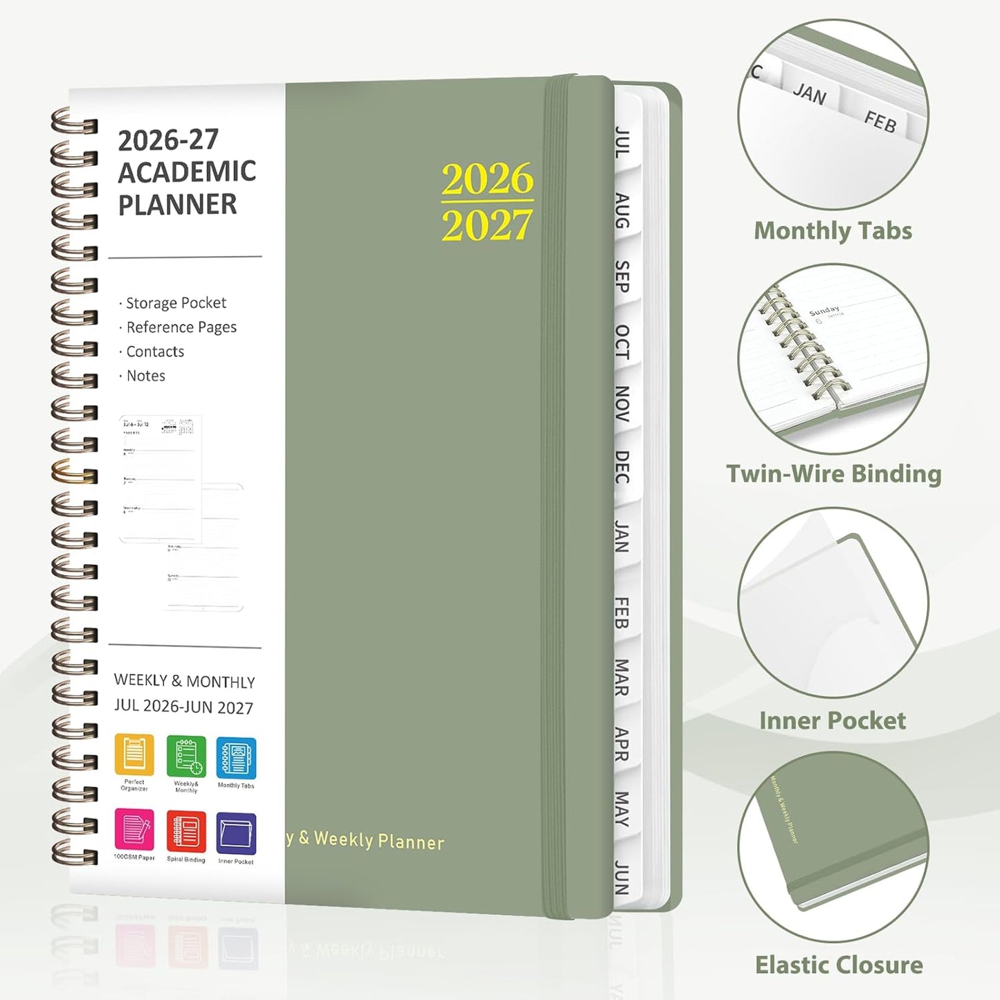 Planner 2026-2027, Weekly and Monthly Calendar Planner, JUL 2026 - JUN 2027 | A5(6.3'' x 8.5''), Hardcover, Agenda Book, Sprial Bound, Inner Pocket, Office and School Use