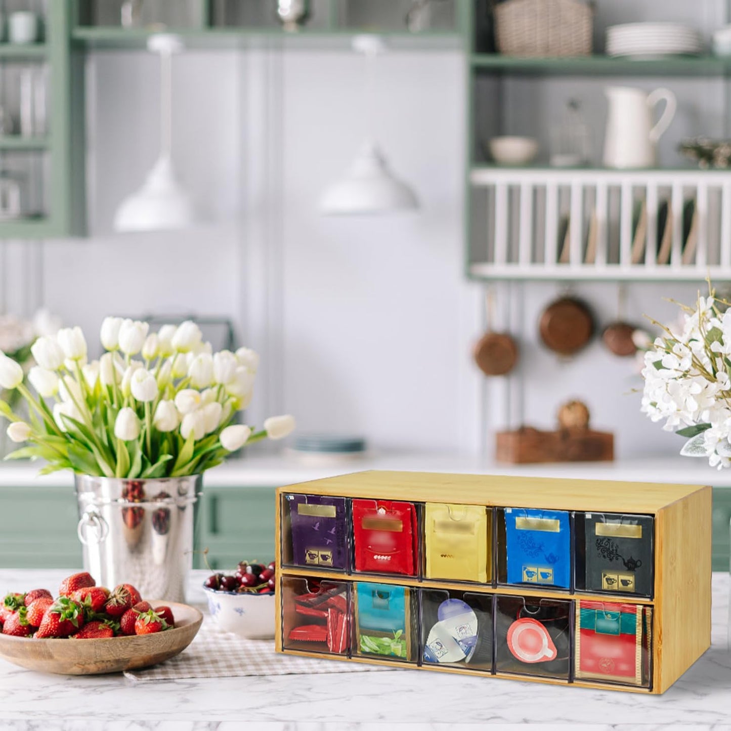 TIMIEEYA Tea Bag Organizer - Bamboo Tea Storage With Drawer 3 Layer, Organizer for Tea Bags Natural Wood & Acrylic for Countertop Office Kitchen Cabinet Pantry