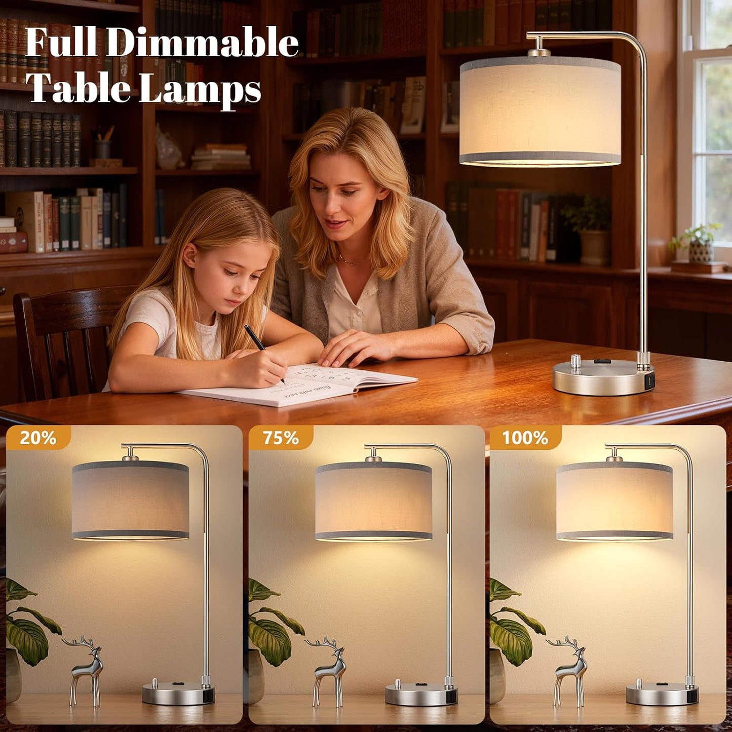 Innqoo Bedside Table Lamps for Bedroom Set of 2-Dimmable Nightstand Lamps with USB Port and Outlet,Modern Gold Lamps with Linen Shade,Tall Desk Lamps for Home Office Bedroom Living Room End Table