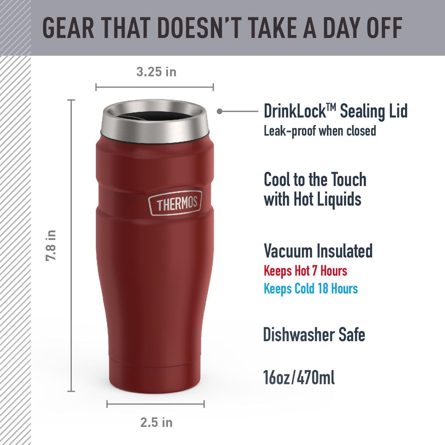 THERMOS Stainless King Vacuum-Insulated Travel Tumbler, 16 Ounce, Matte Steel