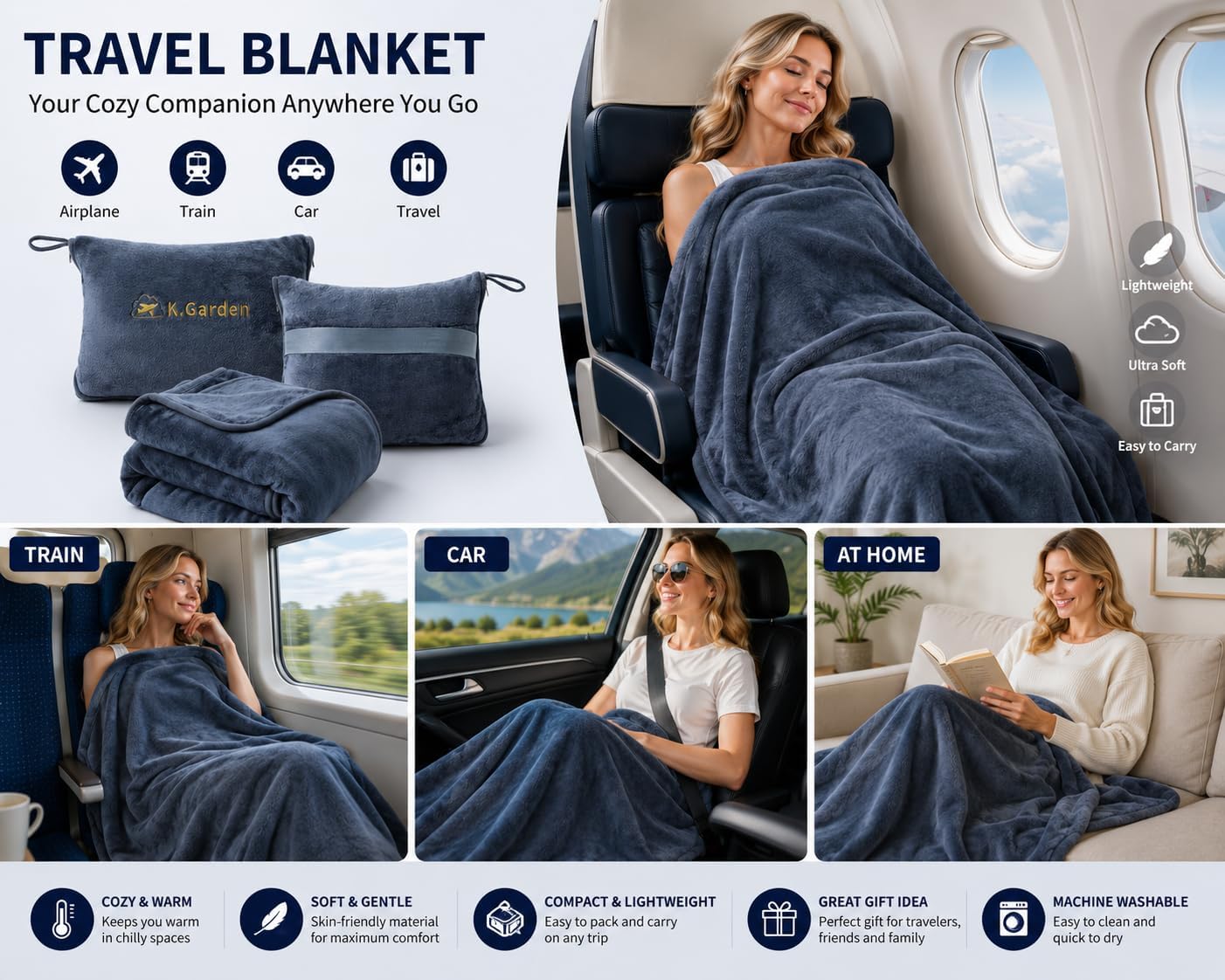 Travel Throw Blanket and Pillow- Soft 2 in 1 | Airplane Compact Flight Essentials Car Pillow Travelers Gifts Accessories Grey