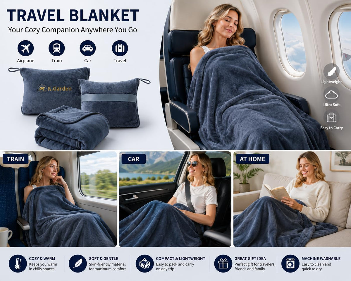Travel Throw Blanket and Pillow- Soft 2 in 1