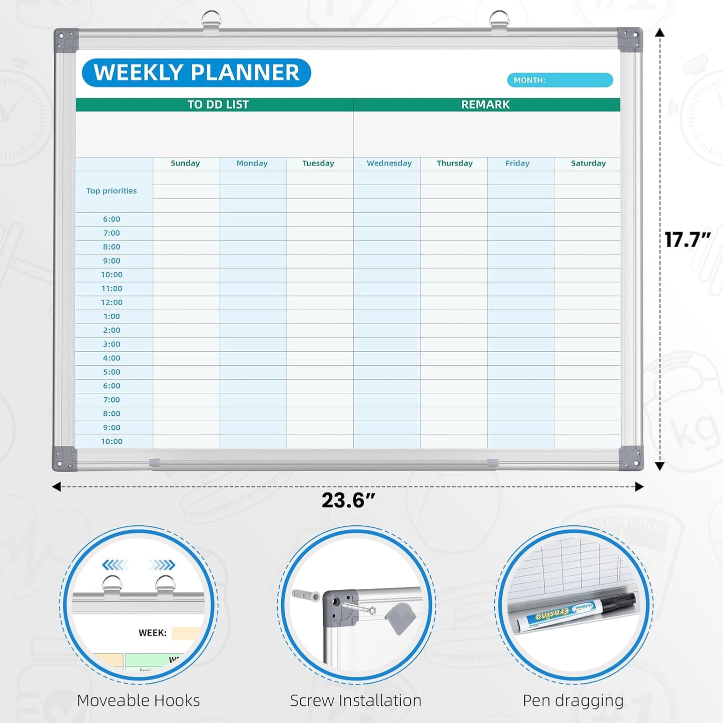 Weekly Hourly Planner Dry Erase Whiteboard with Silver Aluminium Frame for Wall -12" x 16"Hanging Removable Daily Weekly Weekly Planner and Hourly Schedule Checklist (16" x 12")