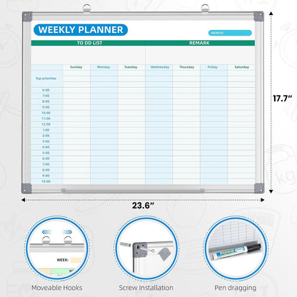 Weekly Hourly Planner Dry Erase Whiteboard with Silver Aluminium Frame for Wall -12" x 16"Hanging Removable Daily Weekly Weekly Planner and Hourly Schedule Checklist (16" x 12")