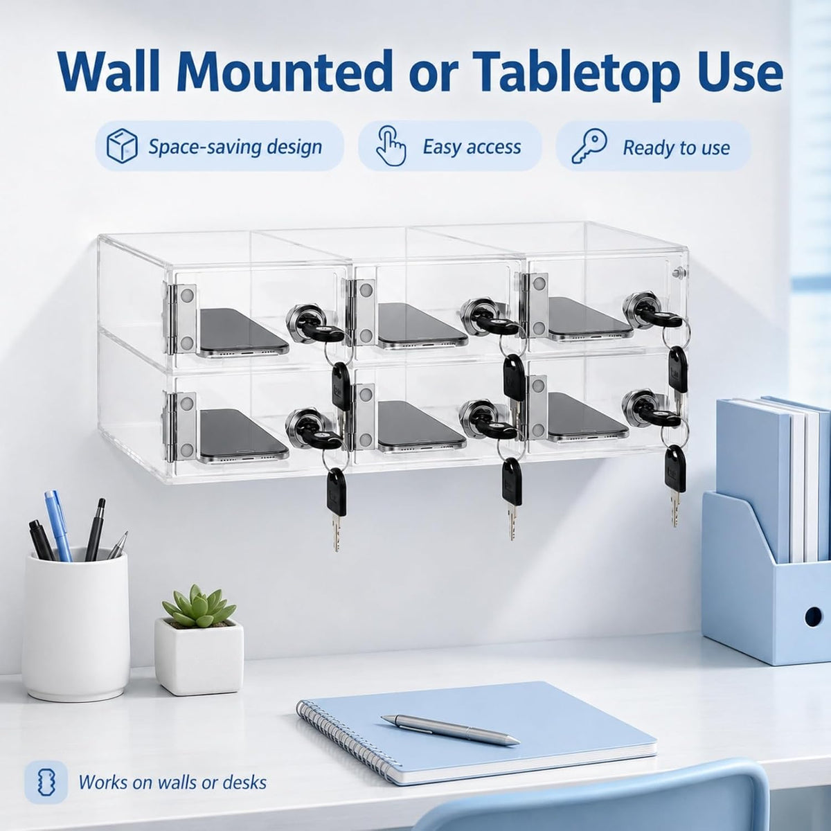 YOUNTHYE 6 Slot Cell Phone Locker, Clear Acrylic Phone Lock Box with Individual Keys, Wall Mounted Phone Storage Cabinet for Classroom, Office, Employees, Meetings and Small Teams