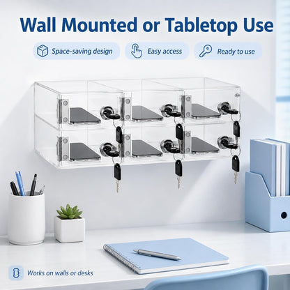 YOUNTHYE 6 Slot Cell Phone Locker, Clear Acrylic Phone Lock Box with Individual Keys, Wall Mounted Phone Storage Cabinet for Classroom, Office, Employees, Meetings and Small Teams