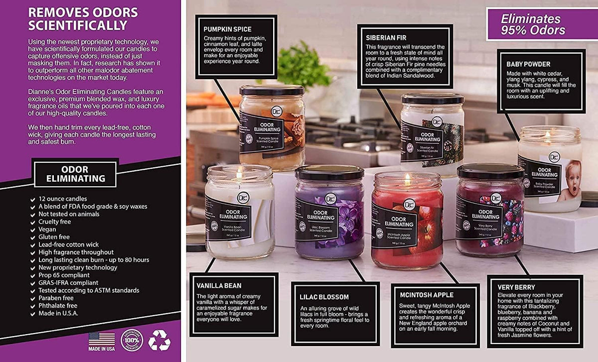 Vanilla Bean Odor Eliminating Highly Fragranced Candle - Eliminates 95% of Pet, Smoke, Food, and Other Smells Quickly - Up to 80 Hour Burn time - 12 Ounce Premium Soy Blend - Colors A