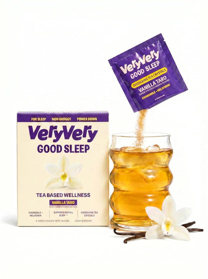 VeryVery Good Tea Crystals - Vanilla Taro Sleep Tea with Melatonin, Chamomile + L-Theanine, Bedtime Drink Mix, Non Habit Forming, Hot or Cold Packets, 10 Pack