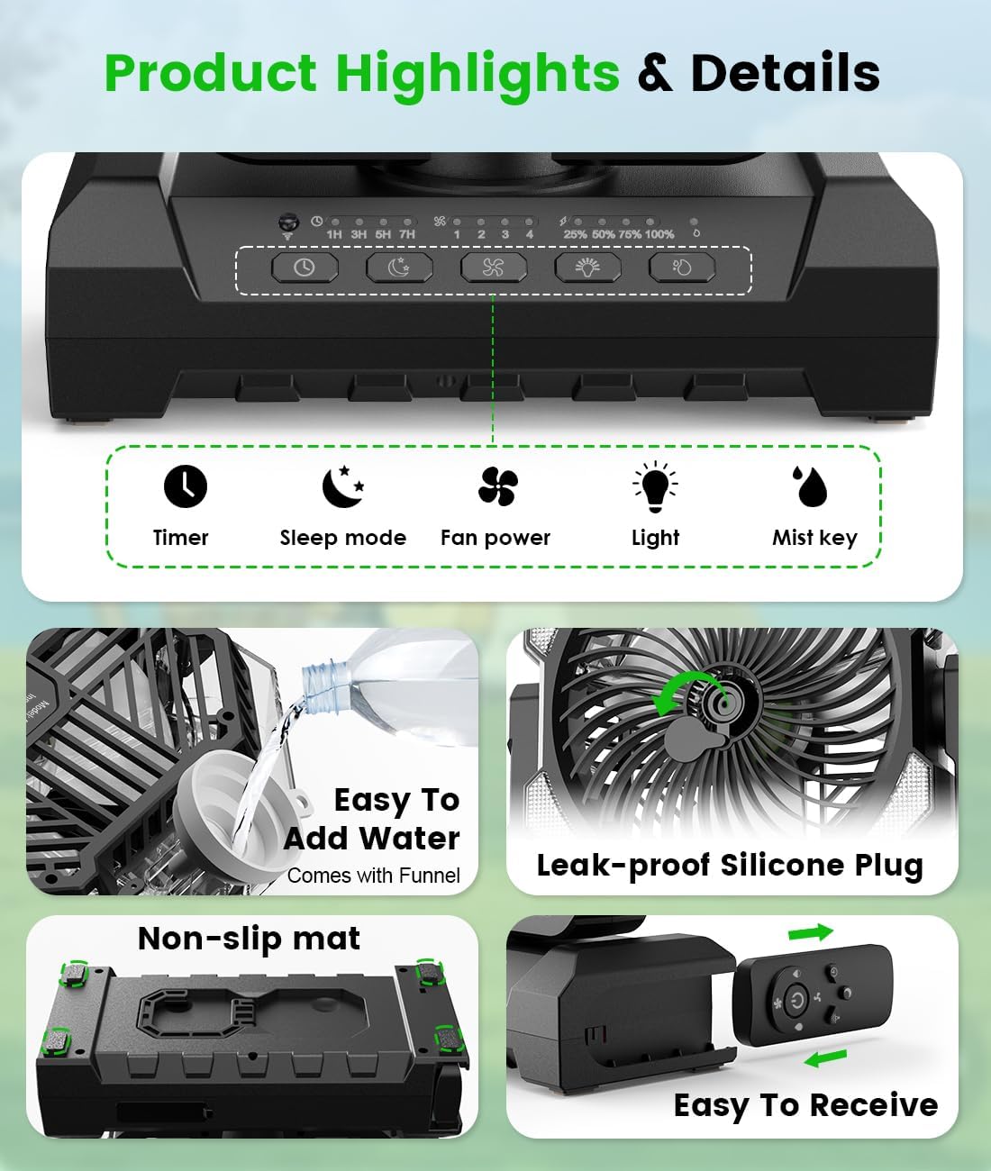 Camping Misting Fan, 24000mAh Portable Battery Powered Fan with Mist, Light