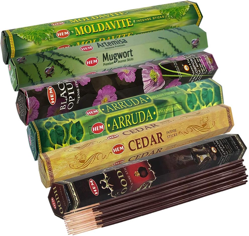 Hem Incense Sticks Variety Pack #23-120 Insence-Sticks (6 Incents x 20 Insense) + Incense Stick Holder with 6 Most Liked Scents Including Patchouli Dragons Blood White Sage Frankincense-Myrrh