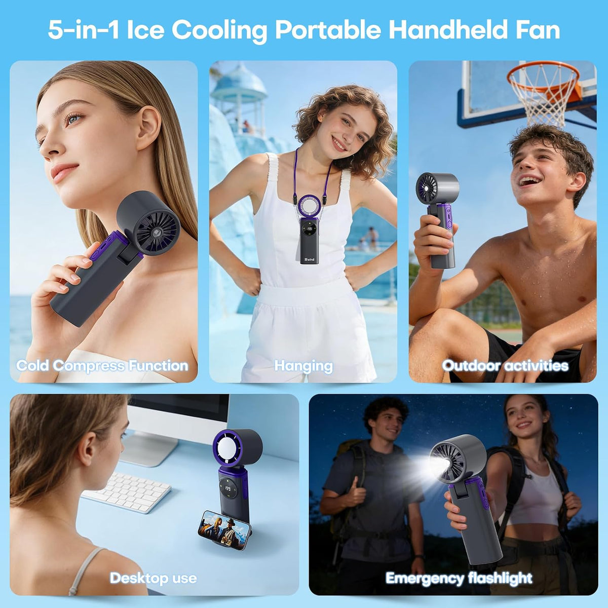6000mAh Portable Handheld Fan with Ice Cooling, 199 Levels Stepless Speed, 20H Long Battery Life, 20000RPM Turbo Fan Rechargeable Personal Mini Fan for Travel, Outdoor, Makeup