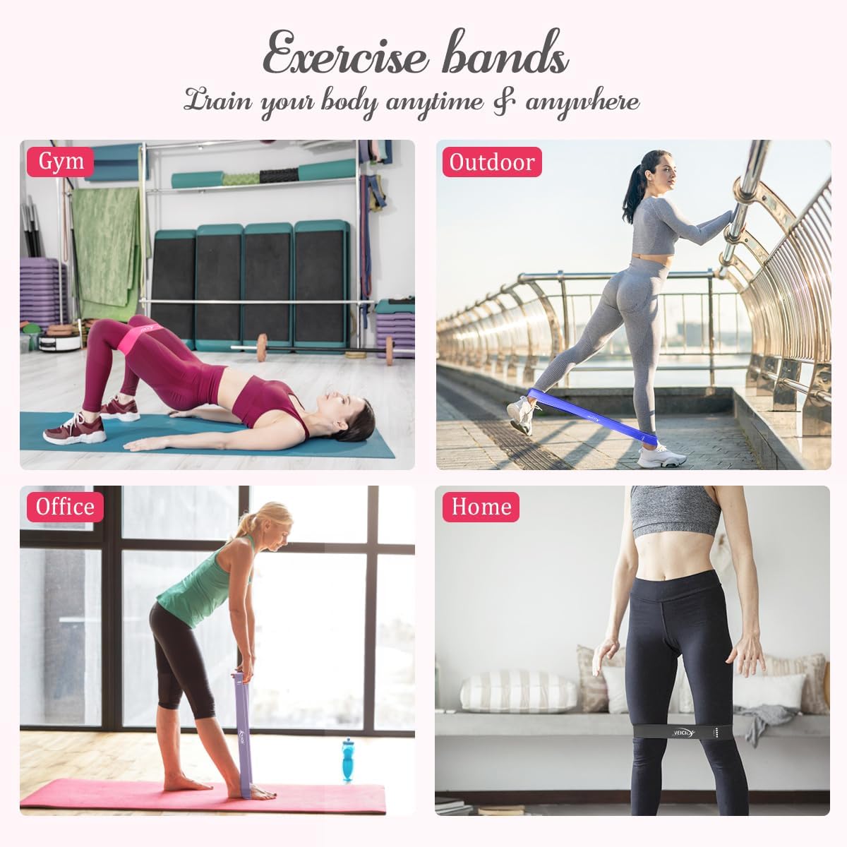 VEICK Resistance Loop Bands Set of 5, Exercise Bands with 5 Resistance Levels, Stackable Workout Bands for Strength Training, Pilates, Fitness Gear for Men Women Home Gym Office Travel