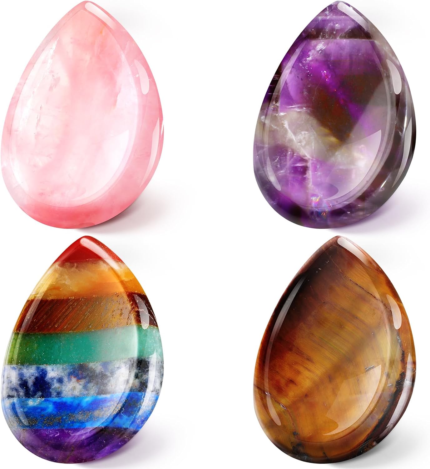 Roowest 4 Pcs Thumb Worry Stone for Anxiety Natural Crystal Healing Stone Chakras Amethyst Tiger Eye Quartz Pocket Hug Gift for Office Stress Meditation(Chromashift,Oval)