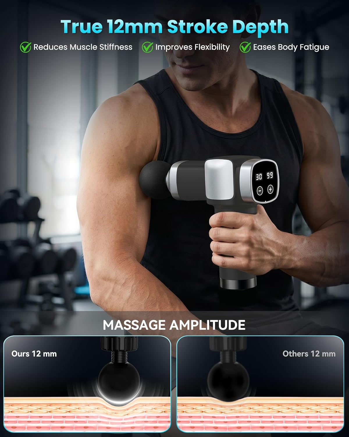 Massage Gun Deep Tissue, Handheld Percussion Muscle Massager for Back, Neck & Shoulder Pain Relief, Portable Electric Back Massager with 30 Speed Levels & 6 Massage Heads, Gift for Men Women