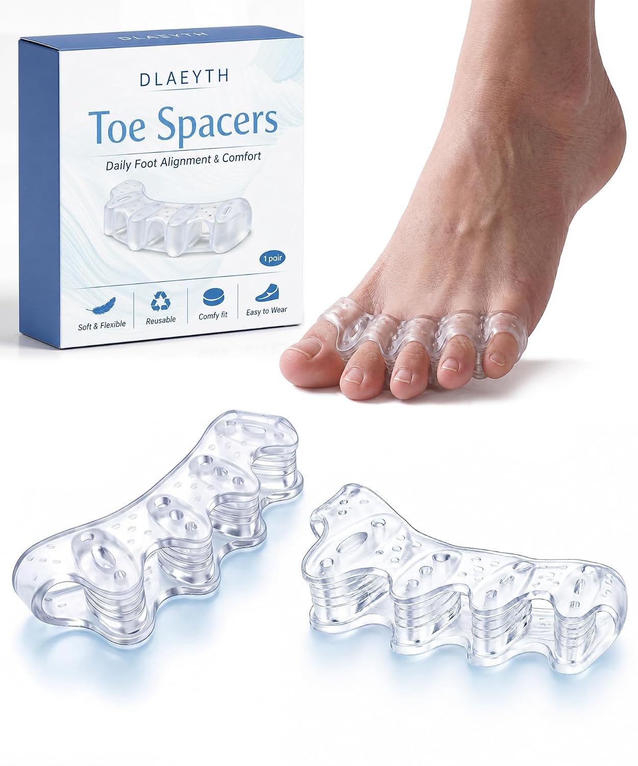 Toe Spacers for Women and Men, Silicone Toe Separators with Breathable Airflow Channels, Soft Washable Reusable Design for Daily Use, Stretching and Comfort, 1 Pair