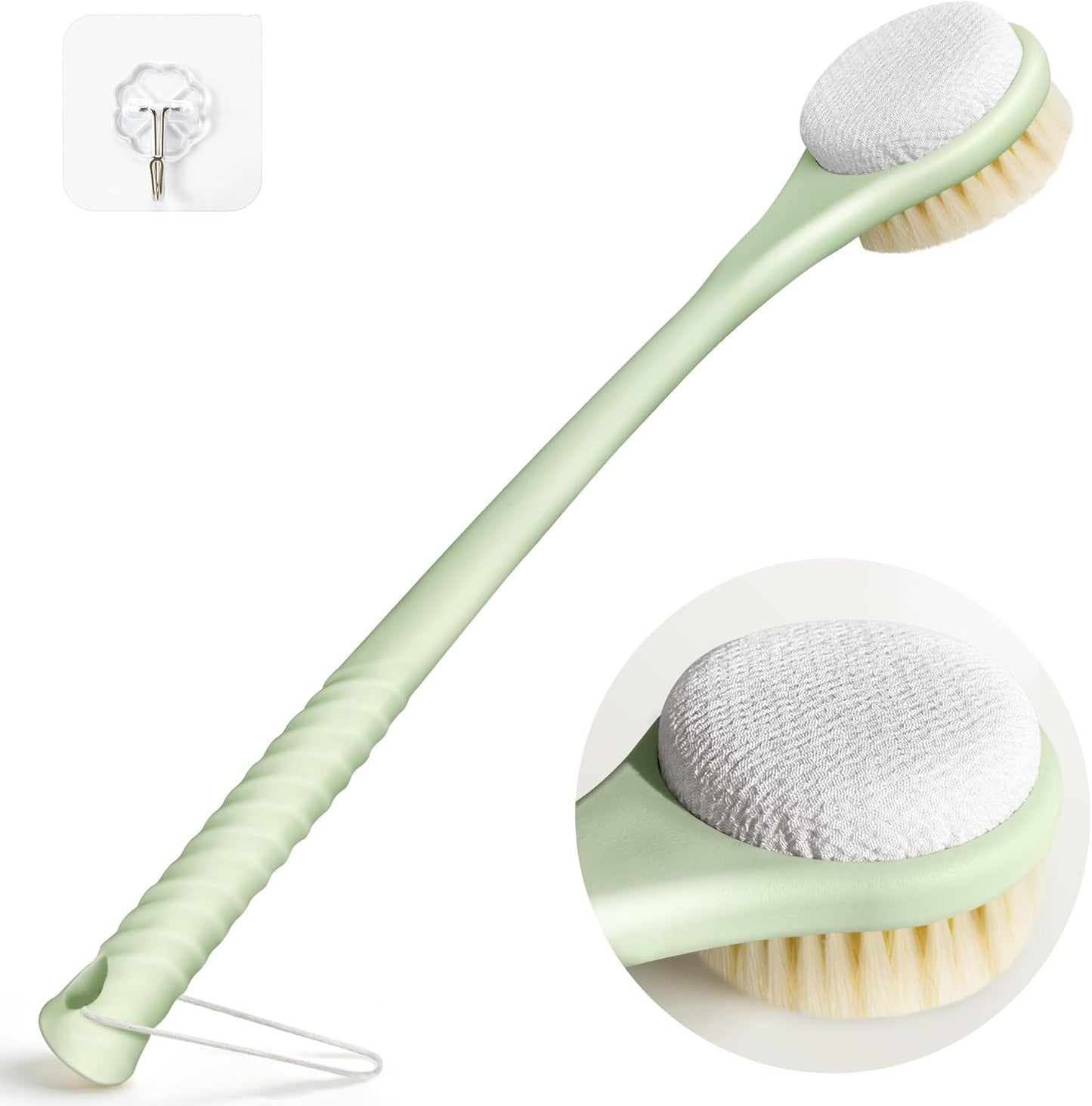 Back Scrubber for Shower, 15.7" Loofah with Handle, Back Shower Brush with Bristles and Loofah, Dry Brushing Body Brush for Cleanse Back and Hard to Reach Areas with Curved Long Handle