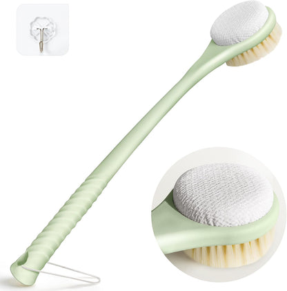 Back Scrubber for Shower, 15.7" Loofah with Handle, Back Shower Brush with Bristles and Loofah, Dry Brushing Body Brush for Cleanse Back and Hard to Reach Areas with Curved Long Handle