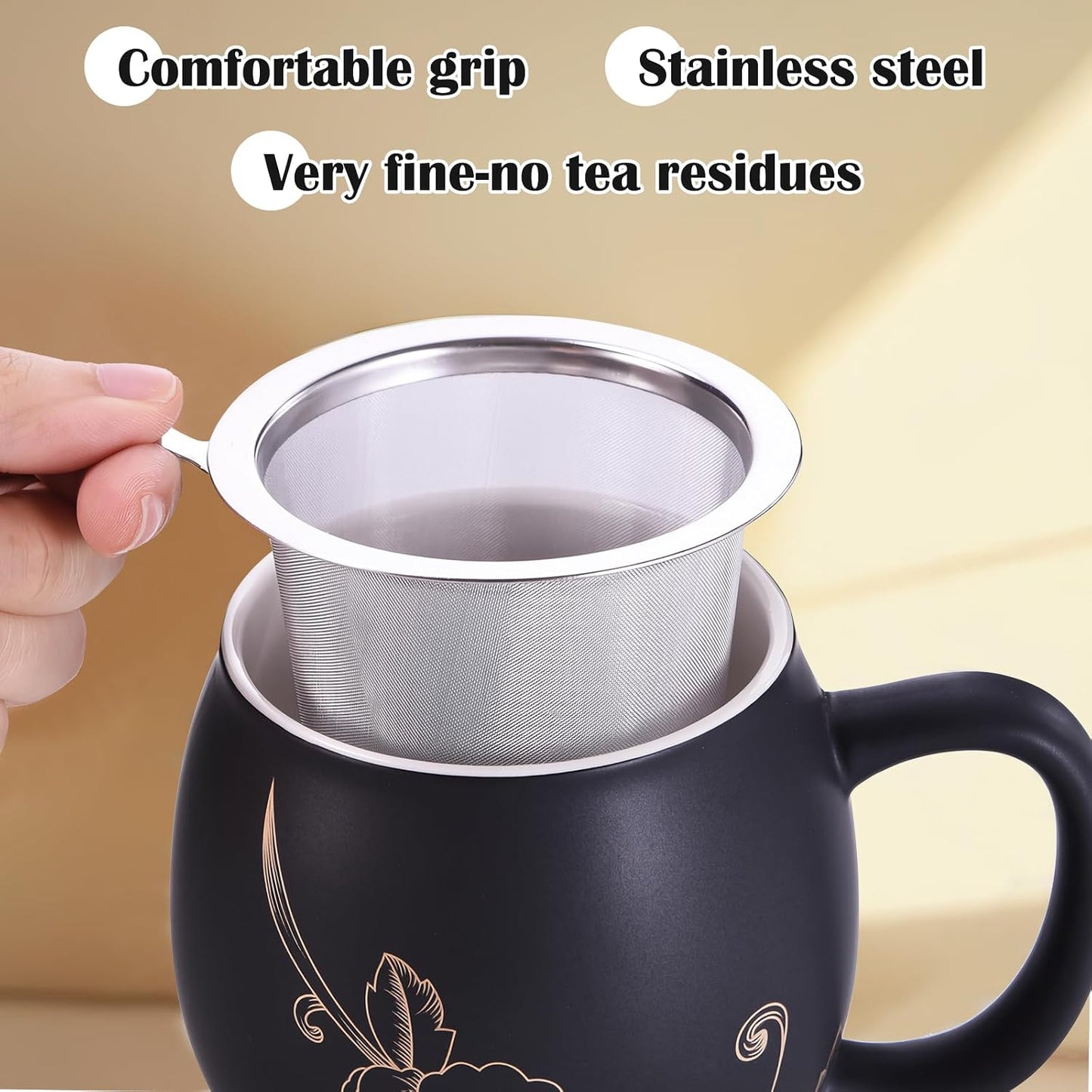 Yundu 12 OZ Matte Green Ceramics Teacup with Infuser and Lid, Mug with Lid for Steeping - Stainless Steel Infuser for Loose Leaf Tea, Home Office Gift for Tea Lovers
