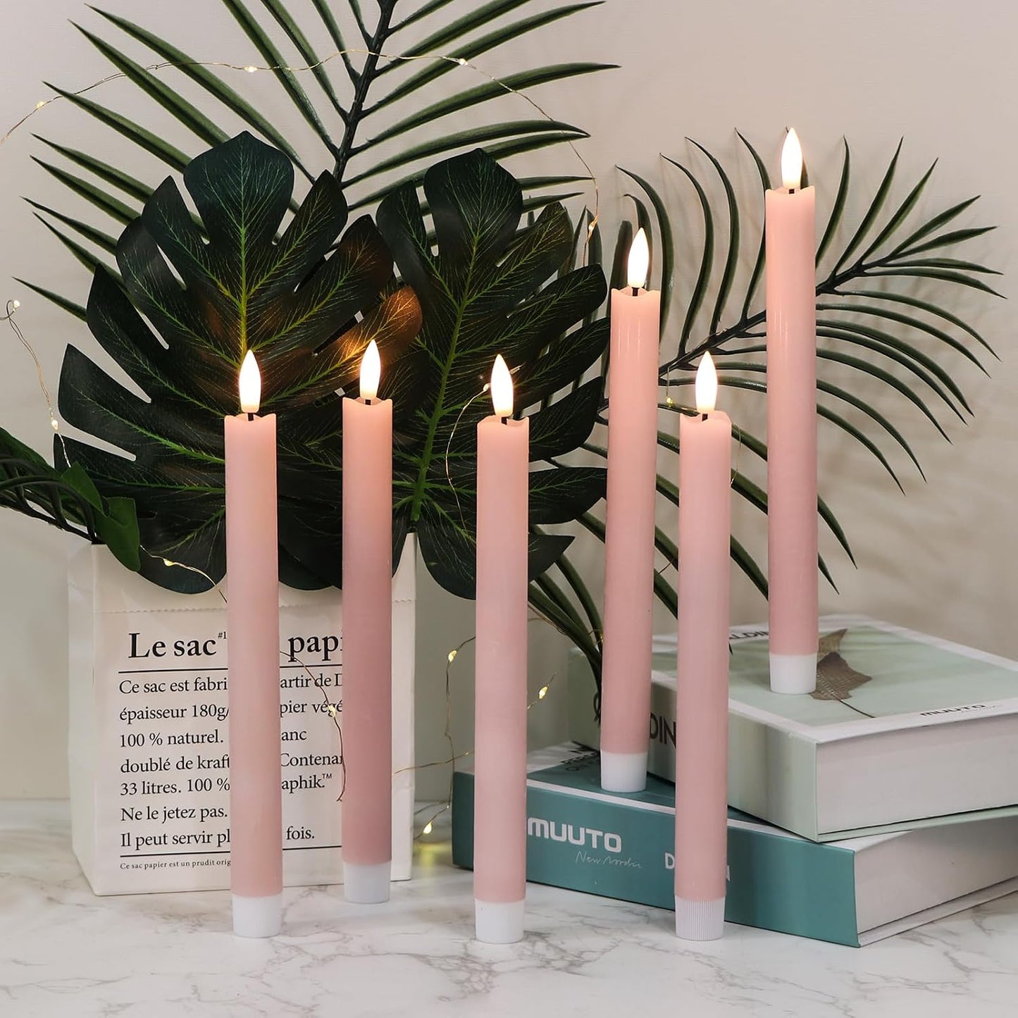 GenSwin Flameless Ivory Taper Candles Flickering with 10-Key Remote, Battery Operated Led Warm 3D Wick Light Window Candles Real Wax Pack of 6, Christmas Home Wedding Decor(0.78 X 9.64 Inch)