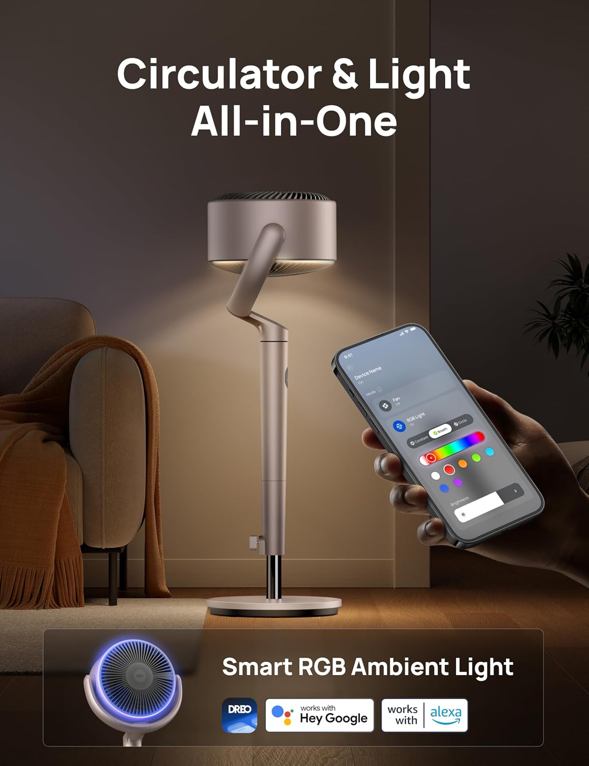 DREO Smart Fan for Bedroom, 120° +120° Omni-Directional Oscillating Fans, 100ft Quiet Pedestal Fan with RGB Light, 9 Speeds, 6 Modes, 20dB, 8H Timer, Wi-Fi/Voice/Alexa, 35-40" Floor Fans with Remote