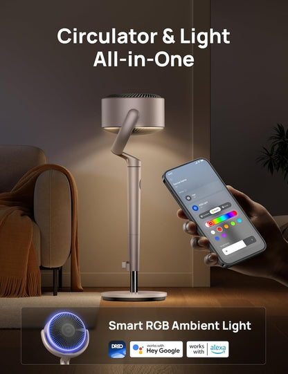 DREO Smart Fan for Bedroom, 120° +120° Omni-Directional Oscillating Fans, 100ft Quiet Pedestal Fan with RGB Light, 9 Speeds, 6 Modes, 20dB, 8H Timer, Wi-Fi/Voice/Alexa, 35-40" Floor Fans with Remote