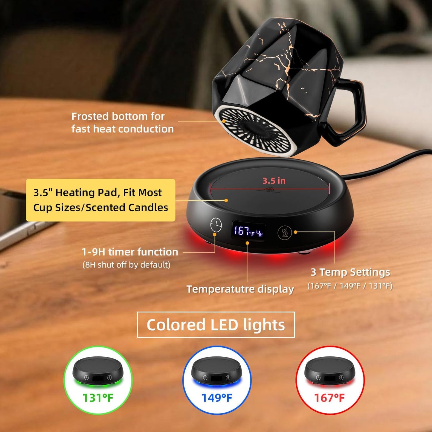 Coffee Mug Warmer Set, Smart Heated Electric Cup Warmer for Desk Office with 8H Auto Off, 1-9H Delay Startup & Shutoff Timer, 3 Temperature Control Coffee Tea Beverage Warmer, Ideal Gifts for Man