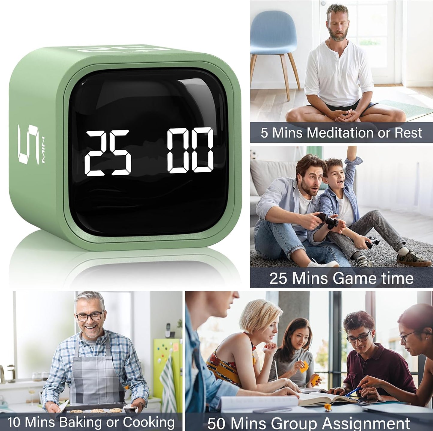 Rotating Pomodoro Timer 5, 25, 10 50 Minutes Preset, Desk Productivity Flip Timer, ADHD Tool Cube Countdown Stopwatch, Vibration/High/Low Volume/Custom Modes, for Work, Study, Back to School, Kitchen