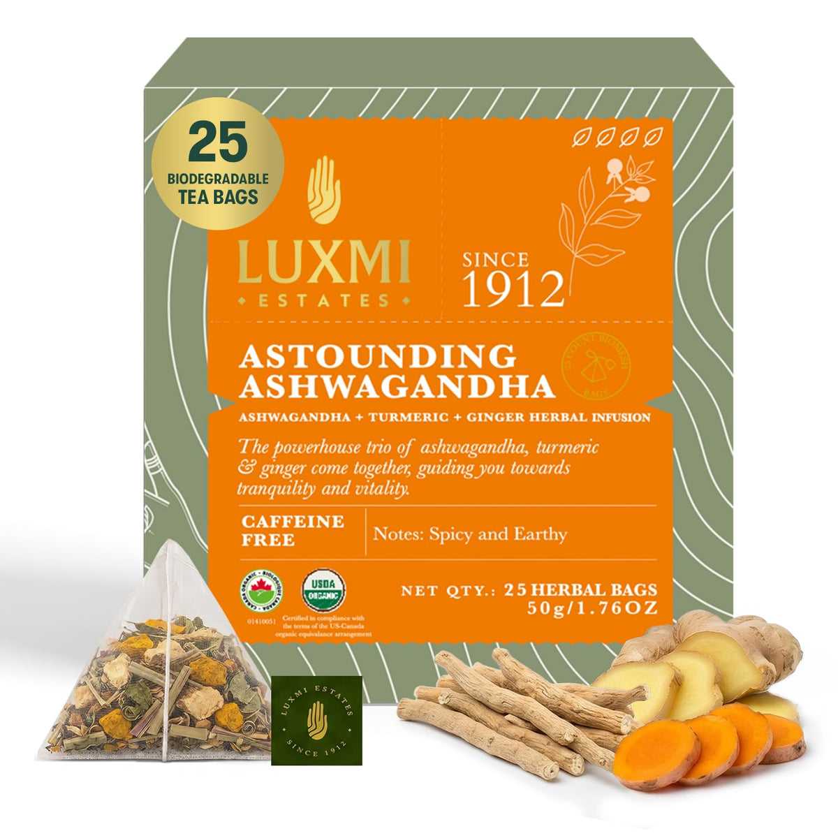 Luxmi Estates Ashwagandha Turmeric | Organic Adaptogen Tea | 25 * 4 | 100 Biodegradable Tea Bags | 200g/7.04oz