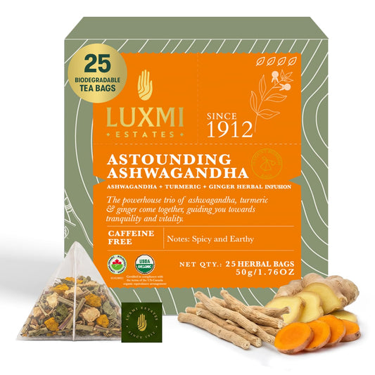 Luxmi Estates Ashwagandha Turmeric | Organic Adaptogen Tea | 25 * 4 | 100 Biodegradable Tea Bags | 200g/7.04oz